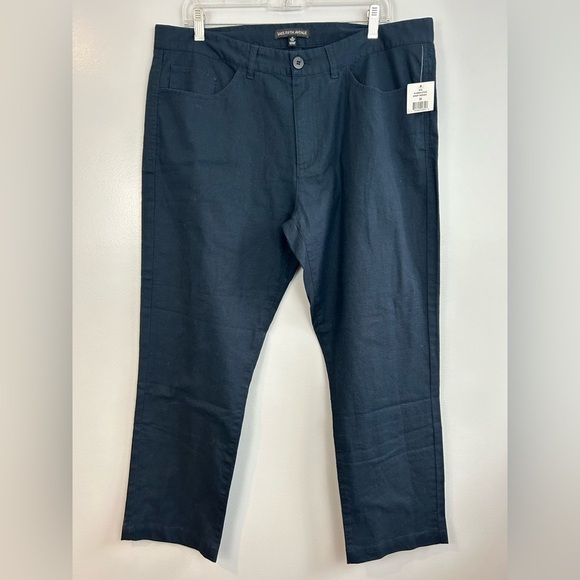 NWT Saks 5th Avenue Linen Blend Straight Leg Dark Blue Pants Size 36 - Picture 1 of 10
